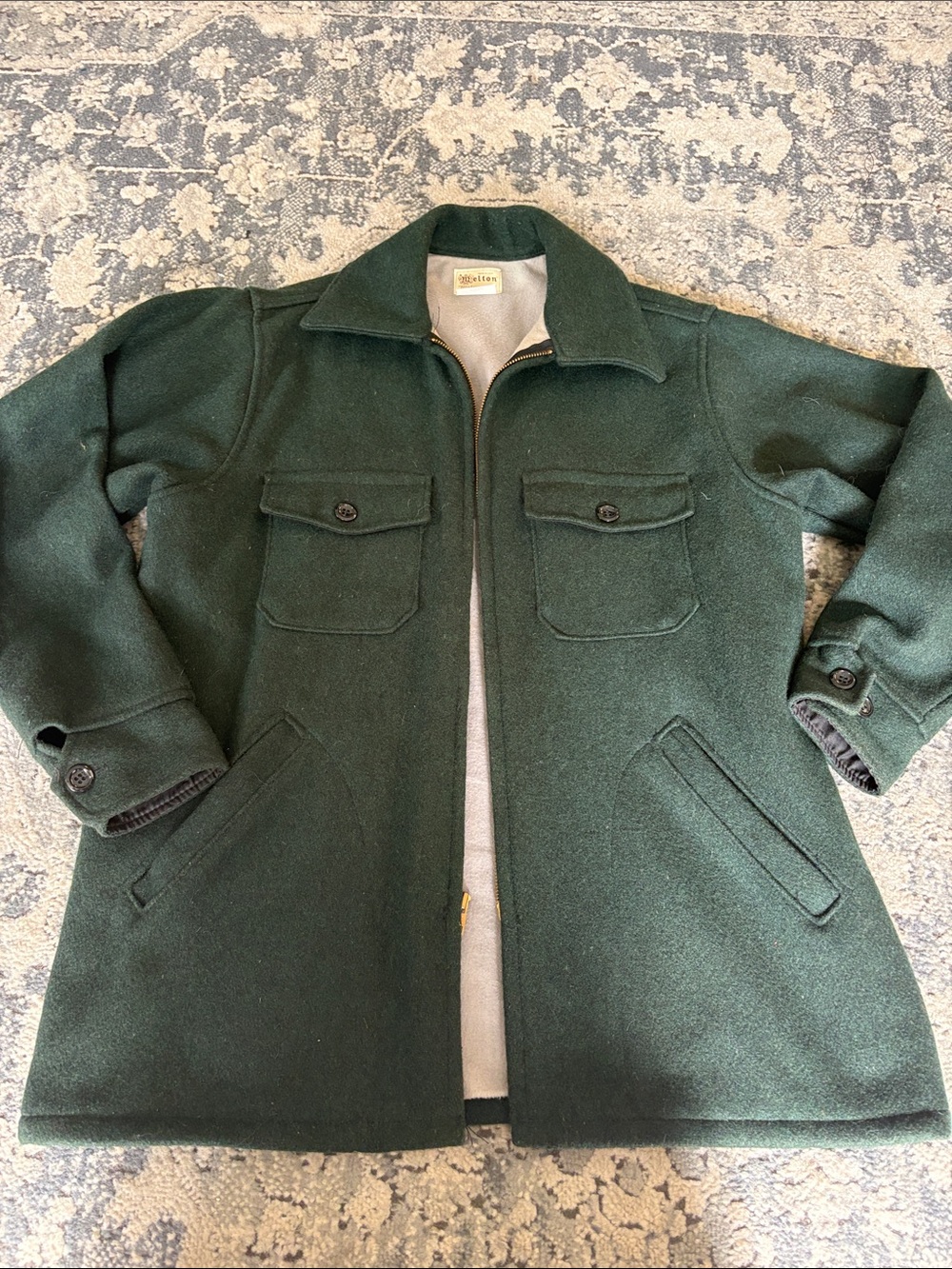 Vintage Melton Men's Dark Green Wool coat  with Zip Closure